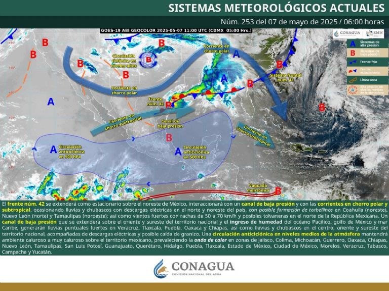 Pronóstico del clima para hoy, miércoles 7 de mayo de 2025. Foto: CONAGUA