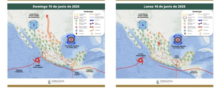 Pronóstico del clima para el domingo 15 y lunes 16 de junio. Foto: Conagua