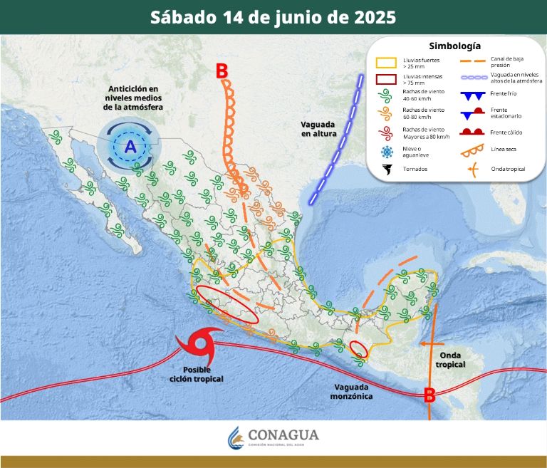 Pronóstico del clima para el sábado 14 de junio. Foto: Conagua