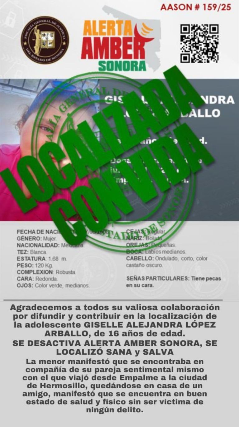 Desactivan Alerta Amber en Sonora. Foto: FGJES