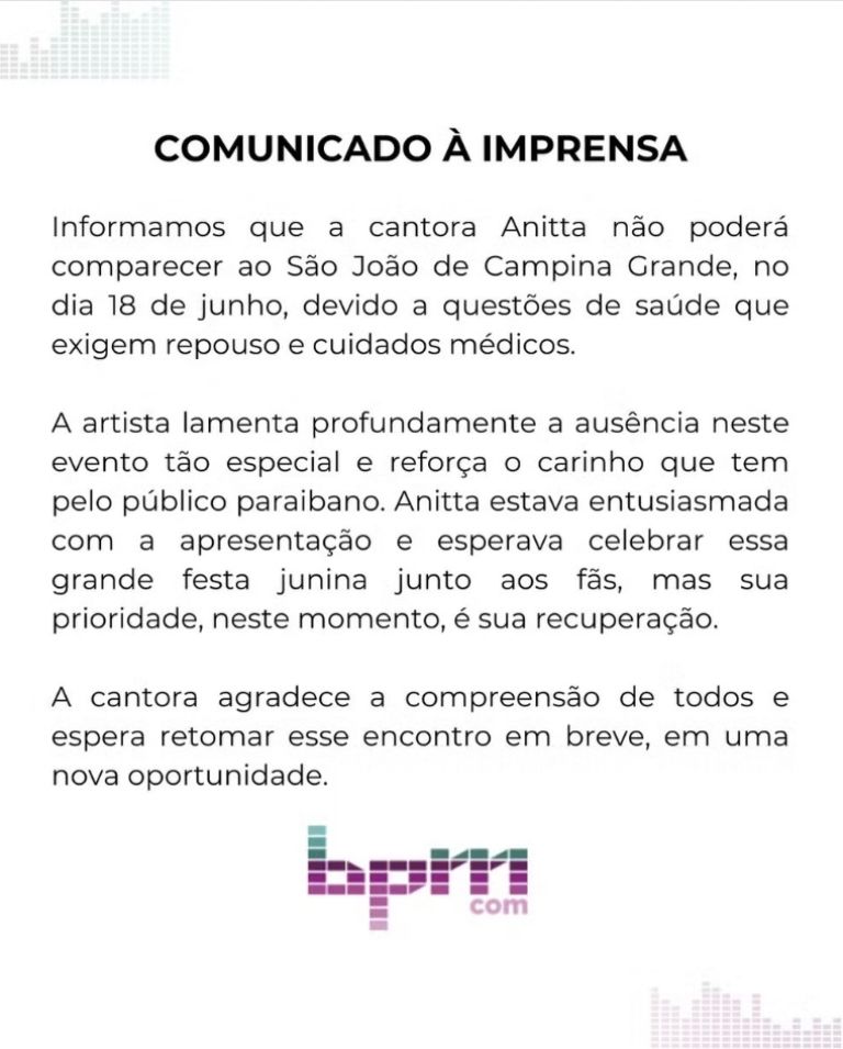 Comunicado de prensa: la cantante Anitta no se podra presentar...