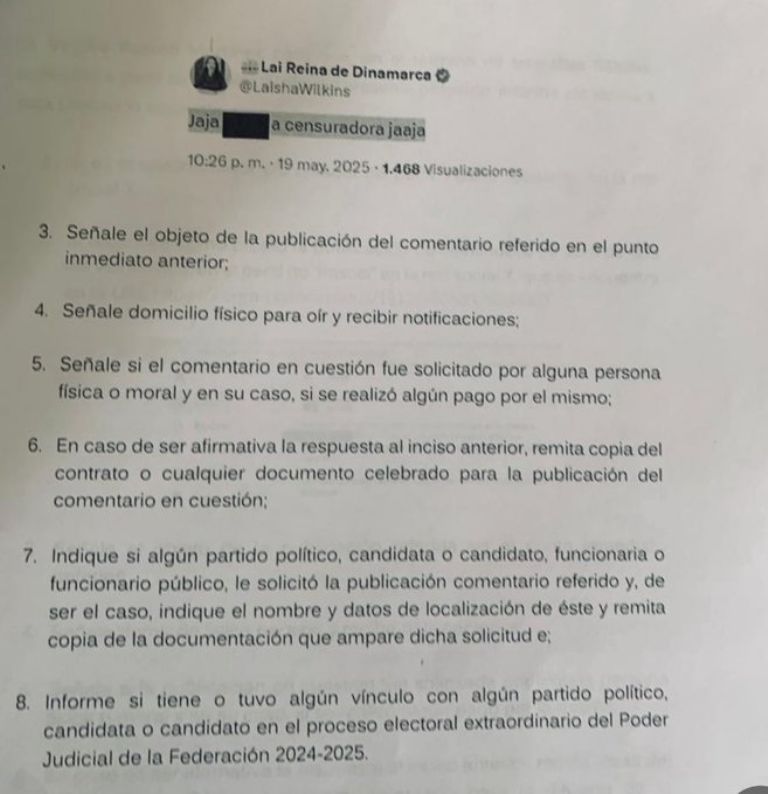 Denuncia recibida por Laisha Wilkins del INE por twit