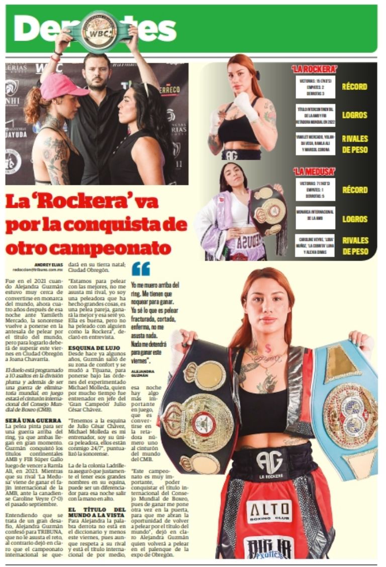 Alejandra 'La Rockera' Guzmán buscará obtener otro título en su carrera, cuando se mida ante la peligrosa Joana Chavarría.