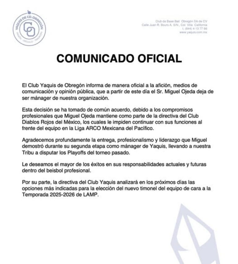 En común acuerdo, Miguel Ojeda y Yaquis de Ciudad Obregón terminan su relación laboral; la Tribu buscará otro manager