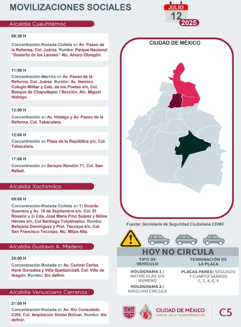 Marchas y Movilizaciones para este sábado 12 de julio