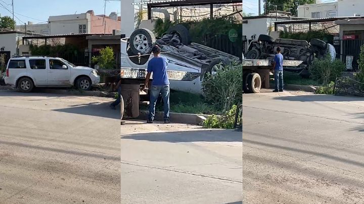 Tremendo accidente: Camioneta vuelca, tira árbol y se estrella al norte de Ciudad Obregón