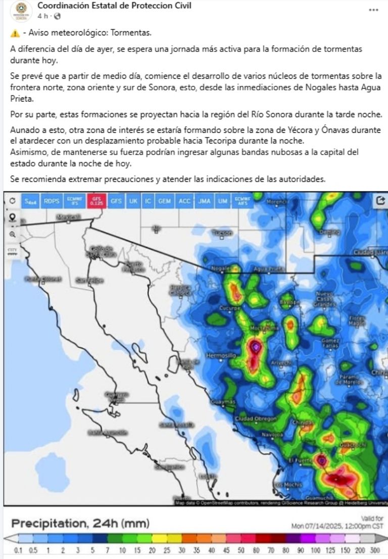 Protección Civil alerta de tormentas en Sonora 