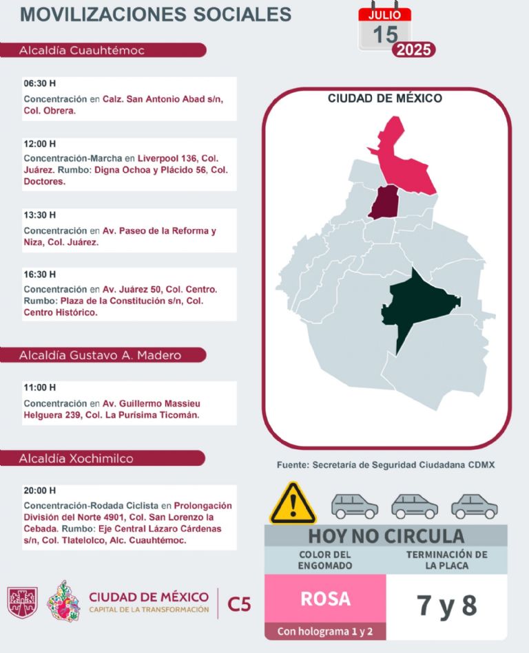 Marchas y Movilizaciones para este martes 15 de julio