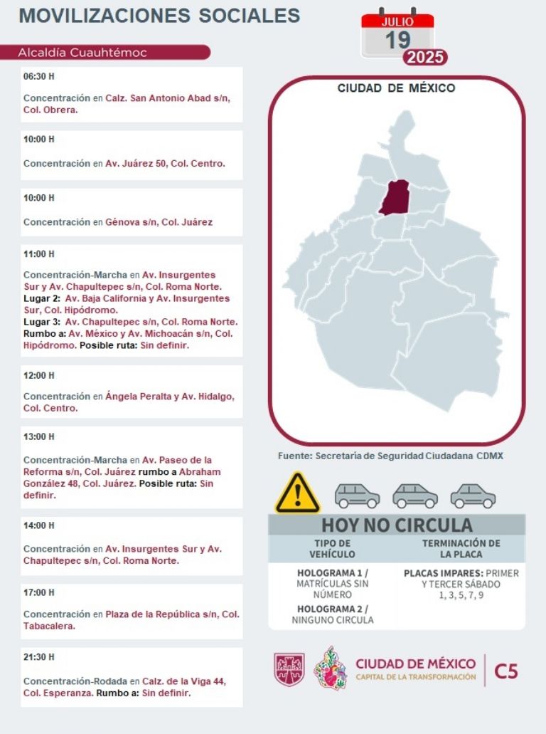 Marchas y Movilizaciones para este sábado 19 de julio