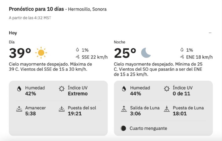 Así será el clima en Hermosillo este martes. Foto: The Weather Channel