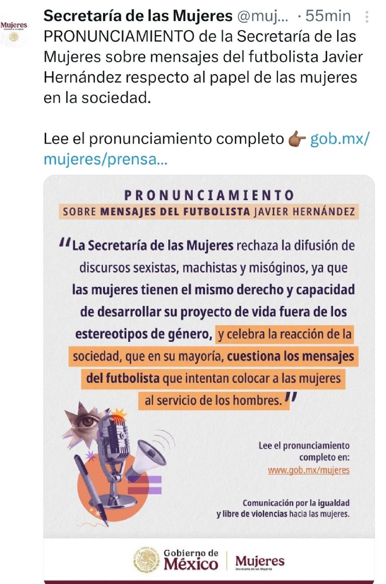 La Secretaría de la Mujer rechazó las declaraciones de 'El Chicharito'. Foto: Facebook