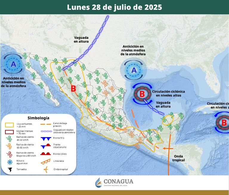 Así será el clima este lunes 28 de julio. Foto: Conagua