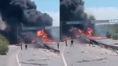 Foto ilustrativa de la nota titulada FUERTE VIDEO: Volcadura de pipa de gas genera incendio en autopista de Monterrey