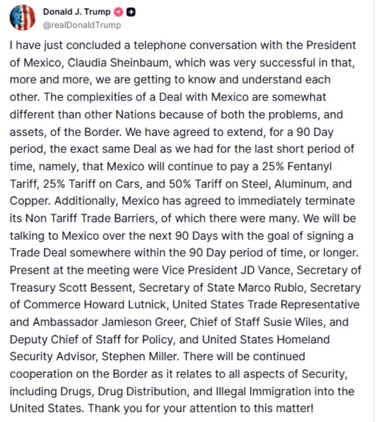 Trump confirmó que los aranceles a México tendrán una pausa de 90 días. Foto: Twitter