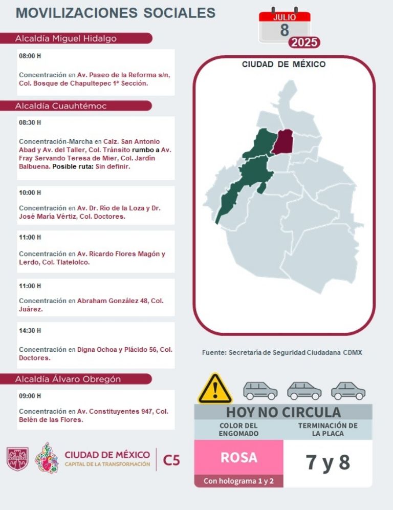 Marchas y Movilizaciones para este martes 8 de julio