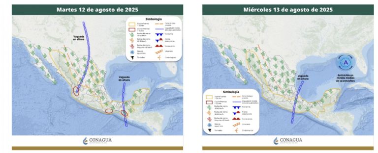 Pronóstico del clima para el martes 12 y miércoles 13 de agosto. Foto: Conagua