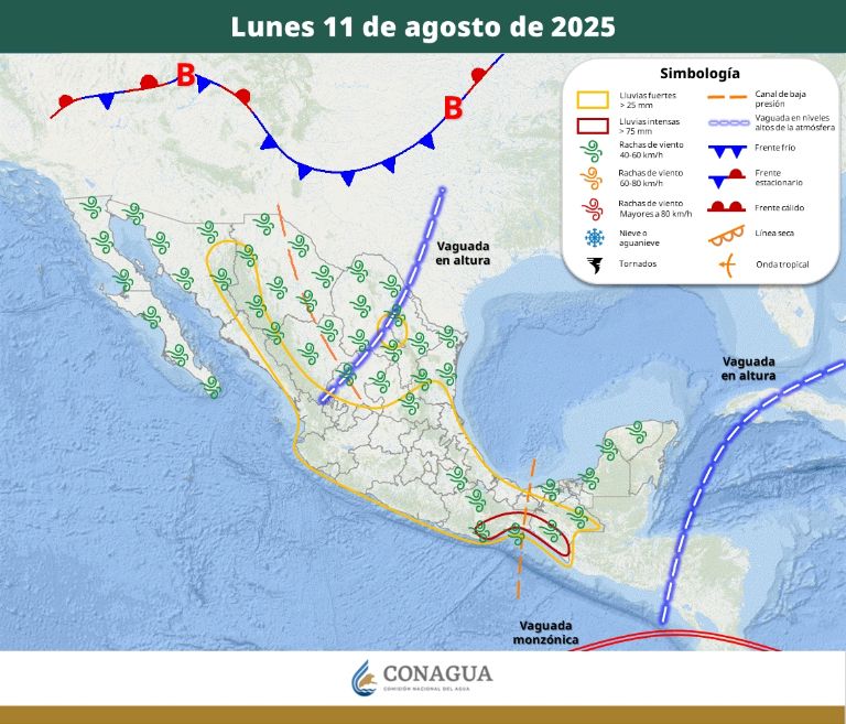 Pronóstico del clima para el lunes 11 de agosto. Foto: Conagua