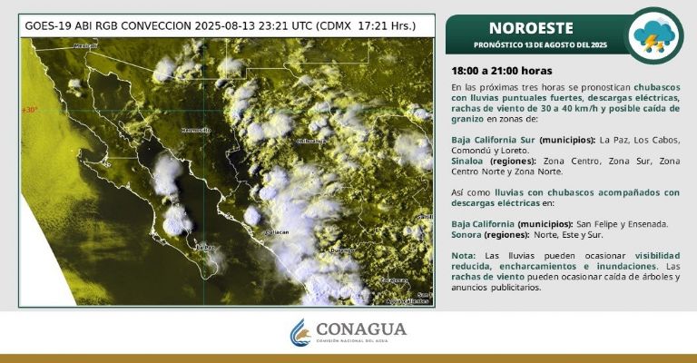 Para esta noche de miércoles 13 de agosto en Sonora se esperan chubascos