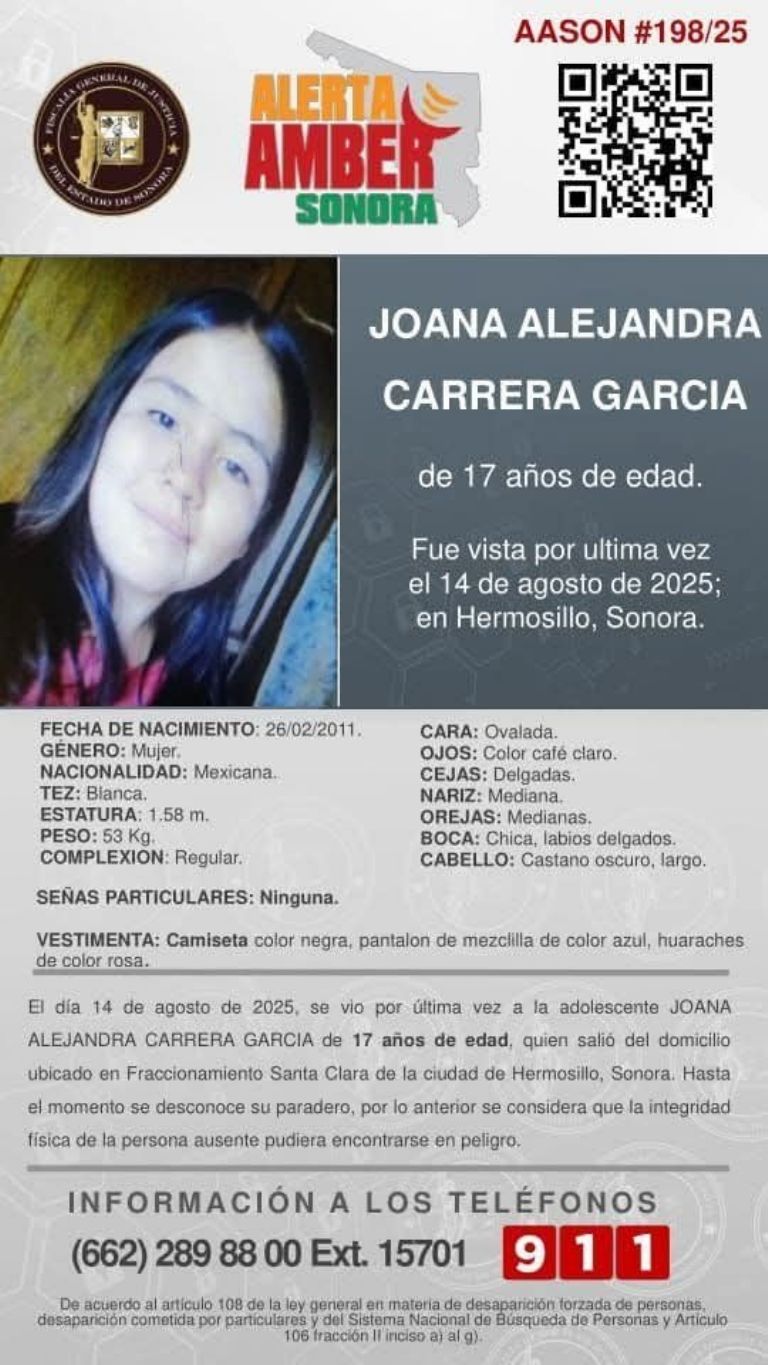 Activan Alerta AMBER en Hermosillo por desaparición de Joana Alejandra Carrera García
