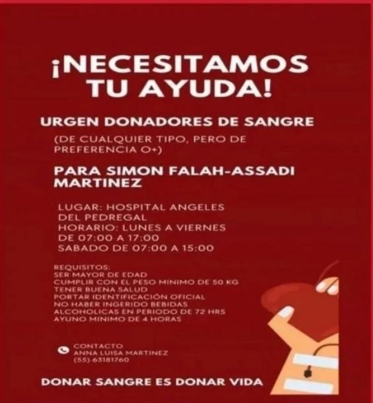 Familiares de Simón han solicitado donadores de sangre en redes sociales