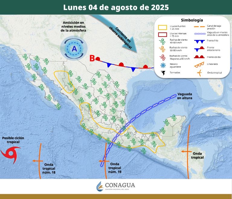 Así estará el clima este lunes 4 de agosto. Foto: Conagua
