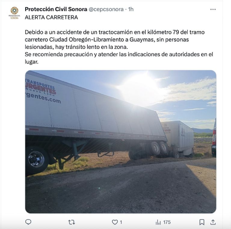 El incidente se reportó la mañana de este domingo. Foto:  Twitter