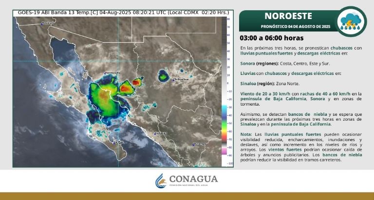 Así será el clima en Sonora este lunes 4 de agosto. Foto: Conagua