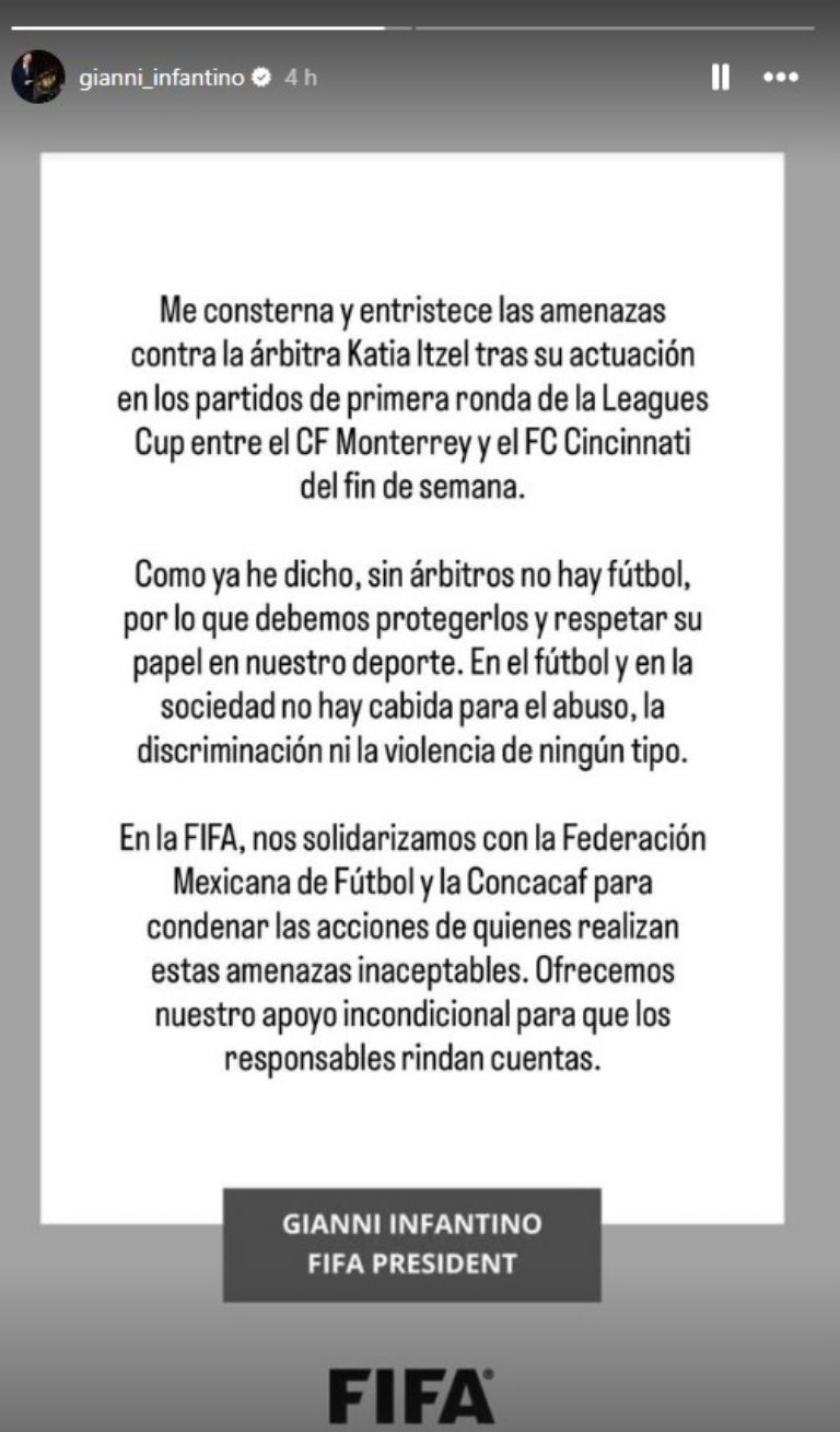Gianni Infantino condenó las amenazas que recibió la árbitra Katia Itzel García