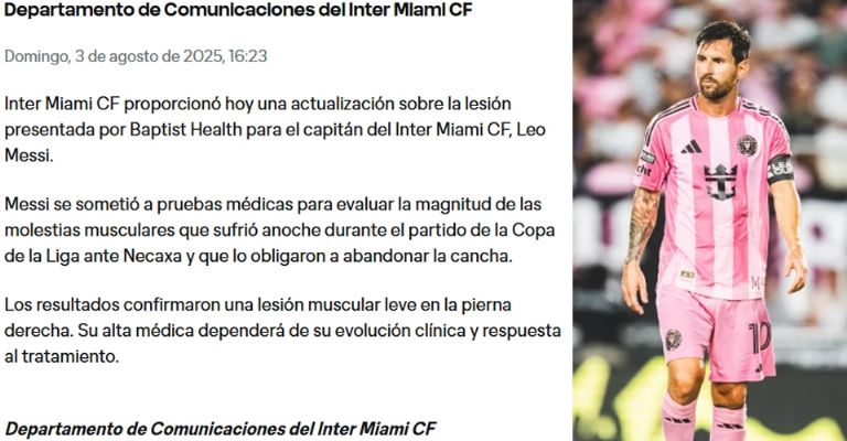 Inter de Miami lanzó un comunicado sobre la lesión que sufrió Messi en la Leagues Cup