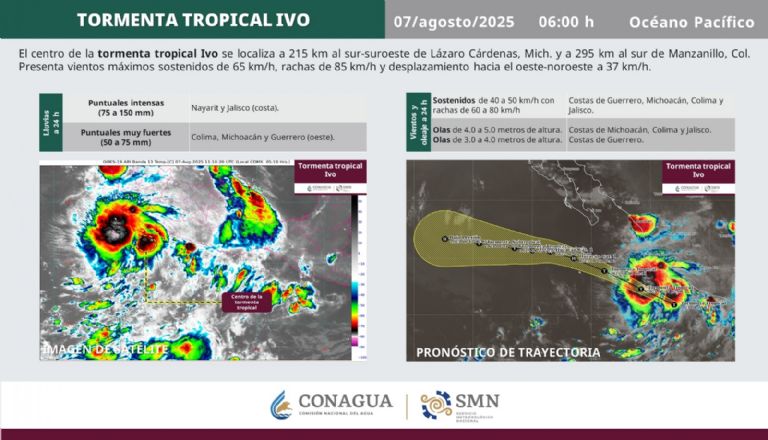Conoce los movimientos de la Tormenta Tropical 'Ivo'. Foto: Conagua