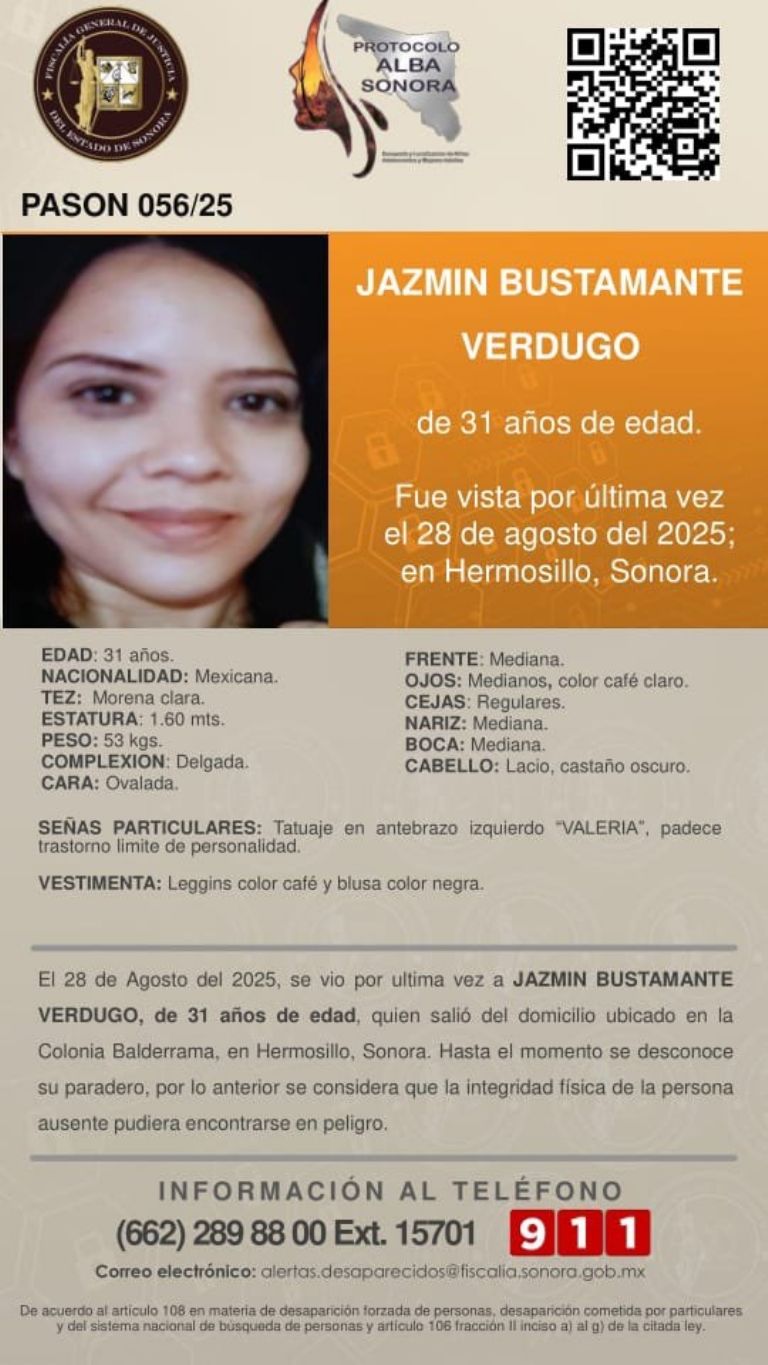 Buscan a mujer desaparecida en Sonora. Foto: FGJES