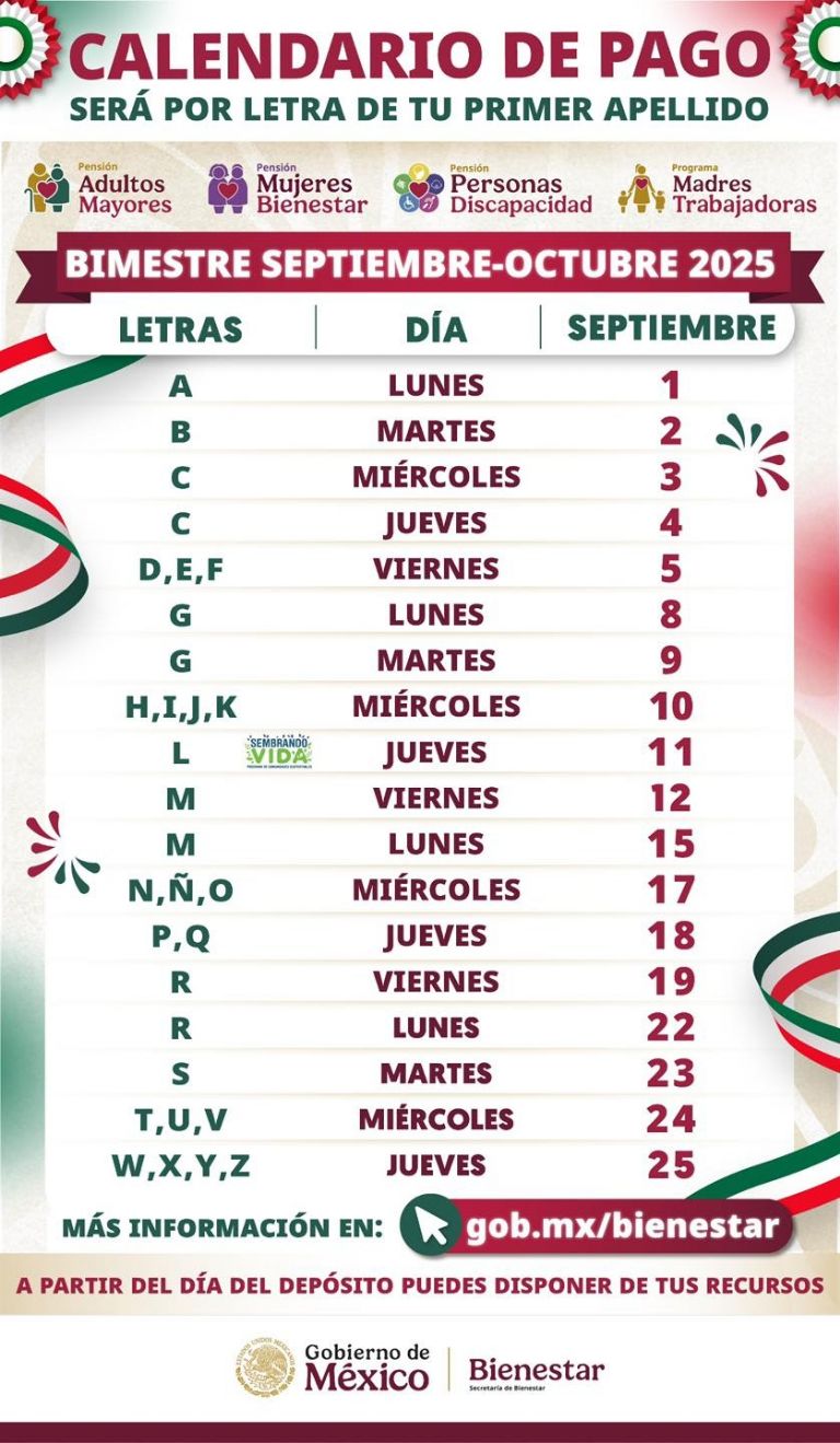 Calendario Oficial del pago del Bienestar