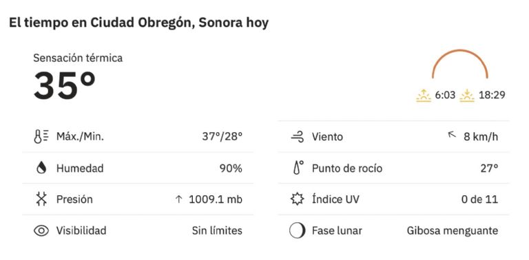 Así será el clima en Ciudad Obregón este miércoles. Foto: Conagua