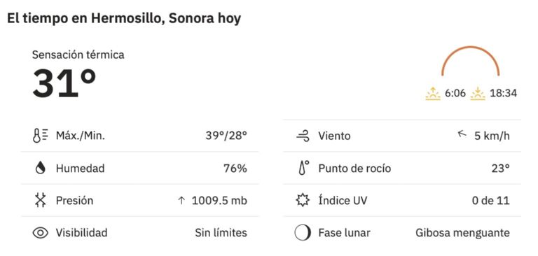 Así será el clima en Hermosillo para este miércoles. Foto: Conagua