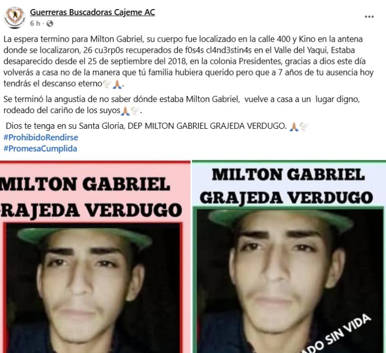 Termina espera para Milton Gabriel: Entregan restos a sus familiares; desapareció en Ciudad Obregón desde 2018