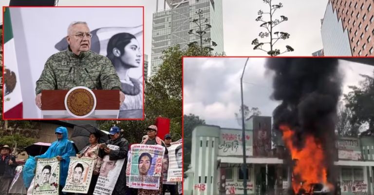 Familiares de los 43 incendian camión en protesta en Campo Militar 1