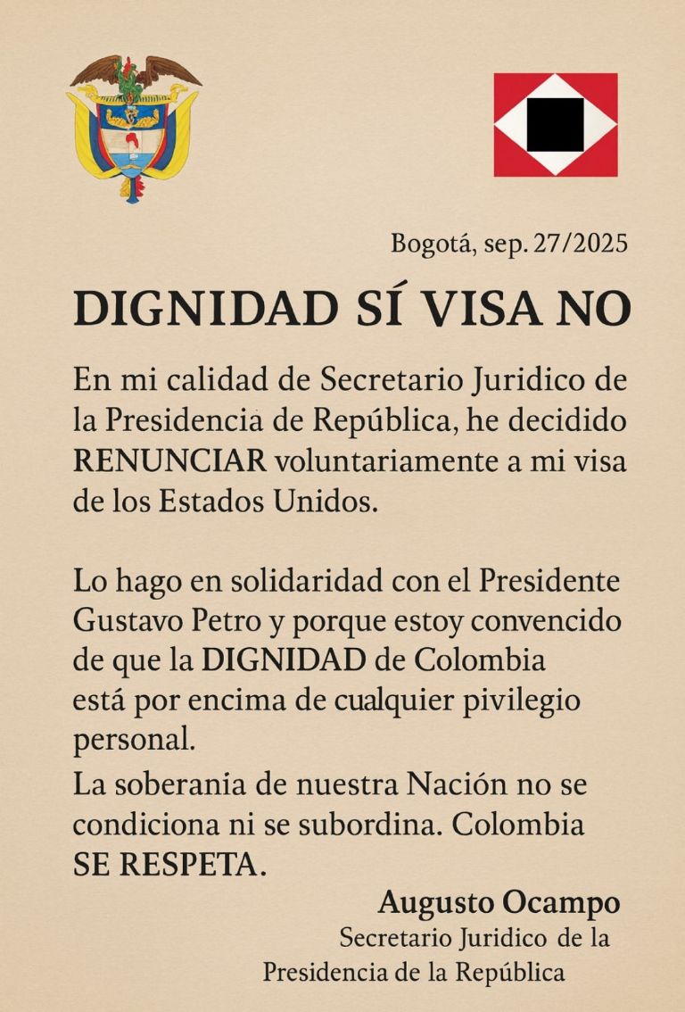 El Secretario jurídico de la Presidencia de Colombia renunció a la visa 