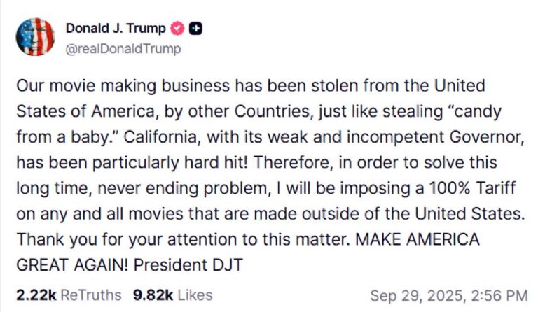 Trump anuncia aranceles del 100 % a filmes extranjeros