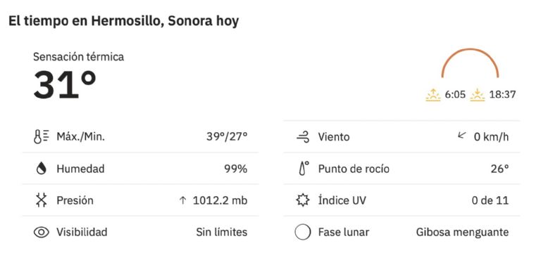 Así será el clima en Hermosillo este lunes. Foto: Conagua
