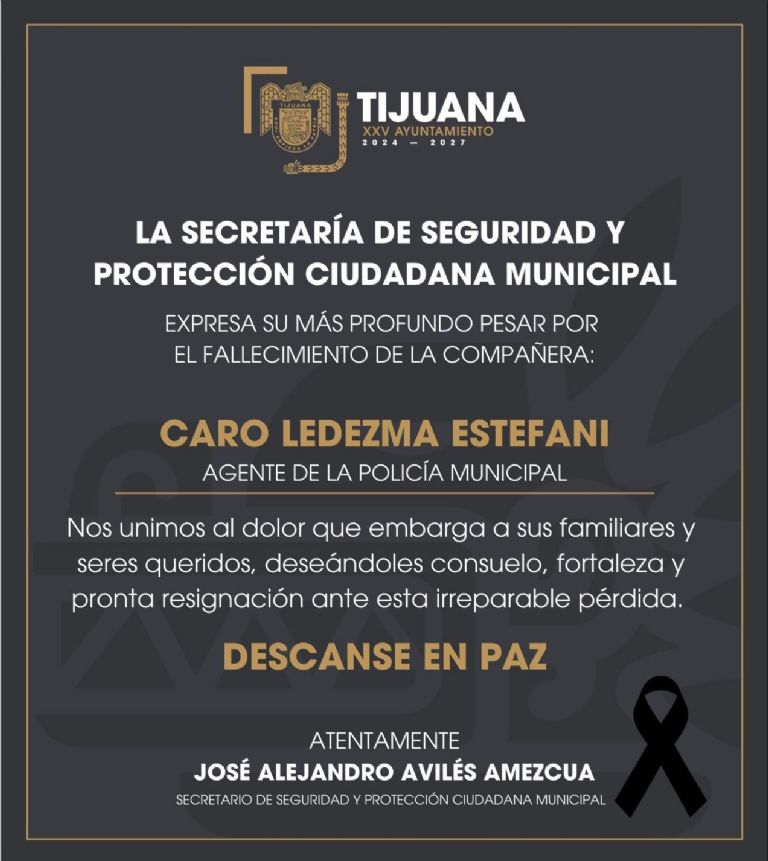 Autoridades de Tijuana confirmaron la muerte de la oficial. Foto: Facebook