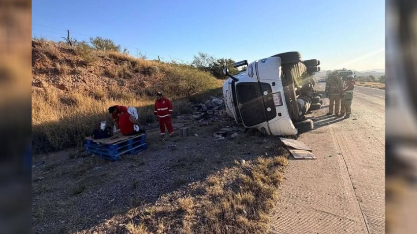 (FOTOS) Presunto cansancio provoca volcadura de tráiler en Sonora; rapiña en tramo Santa Ana–Altar