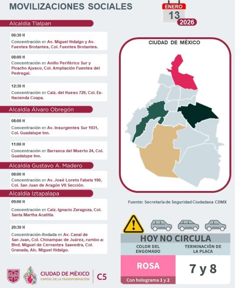 Marchas y Movilizaciones para este martes 13 de enero 