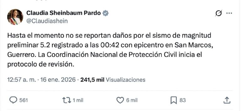 La presidenta Sheinbaum Pardo informó preliminarmente sobre el sismo. Foto: Facebook