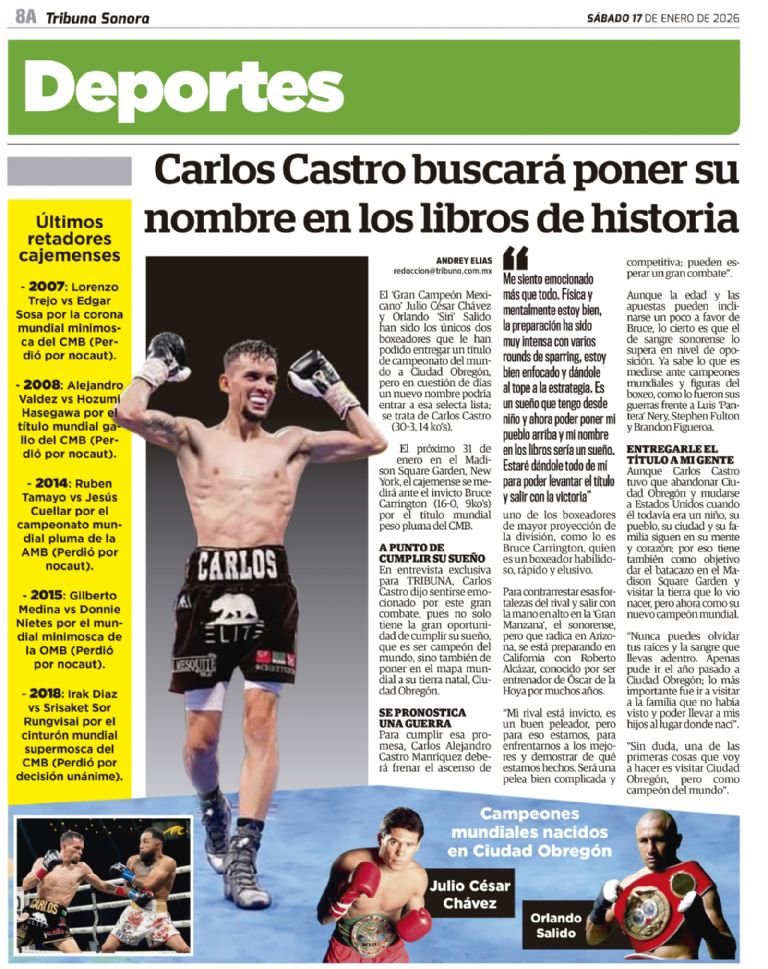 Carlos Castro buscará hacer historia y darle a Ciudad Obregón otro título del mundo