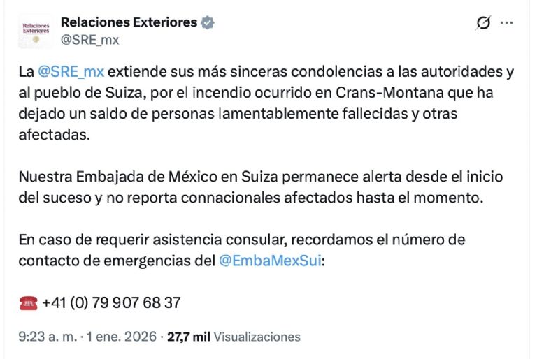 SRE lamentó el incendio en Suiza. Foto: Twitter @SRE_MX