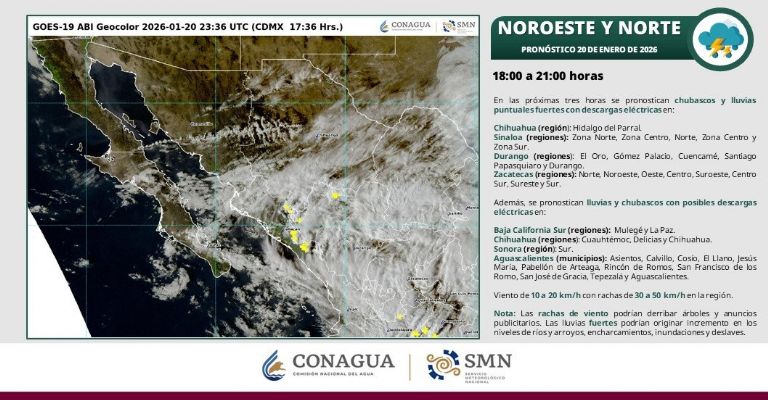 Para este martes 20 de enero de 2026 en la noche se advierten lluvias y chubascos