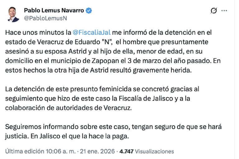 Pablo Lemus confirmó la detención del feminicida. Foto: Twitter