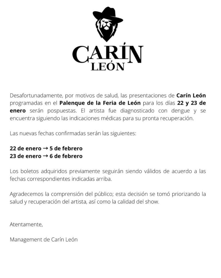 El equipo del cantante informó que se encuentra siguiendo las indicaciones médicas para su pronta recuperación