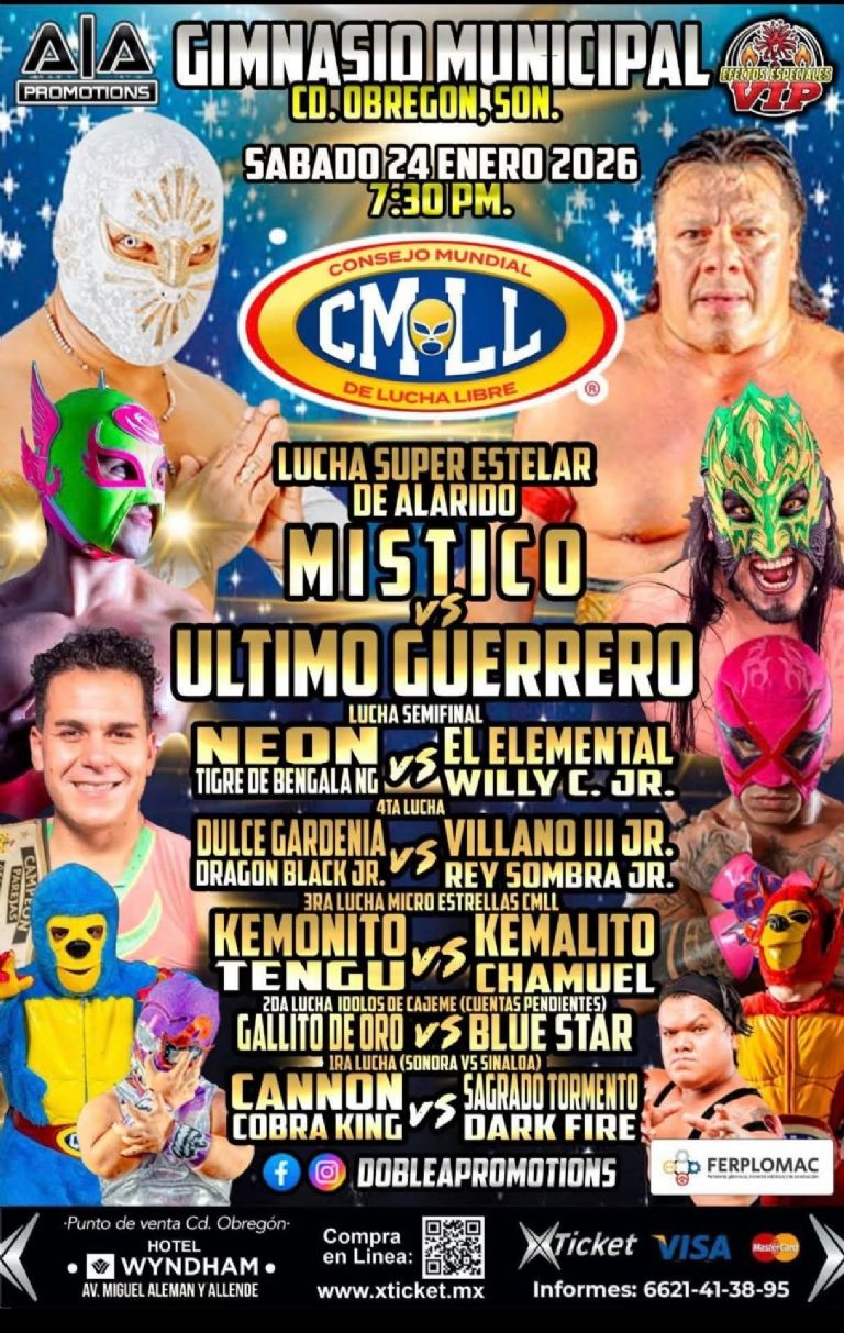 Vibrante cartelera del Consejo Mundial de Lucha Libre en Ciudad Obregón