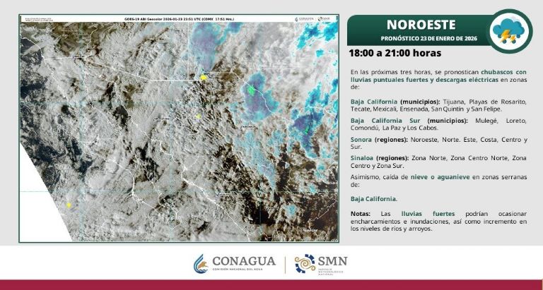 Las autoridades del clima están advirtiendo lluvias fuertes y descargas eléctricas para hoy viernes 23 de enero de 2026 en la noche